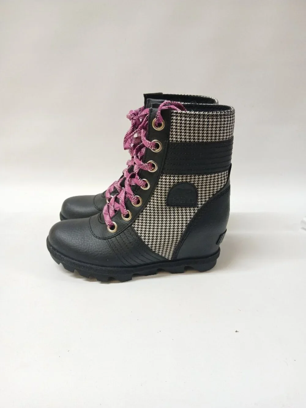 Sorel Lexie Wedge Waterproof Leather Combat Winter Boots Girls 2 Black Pink
